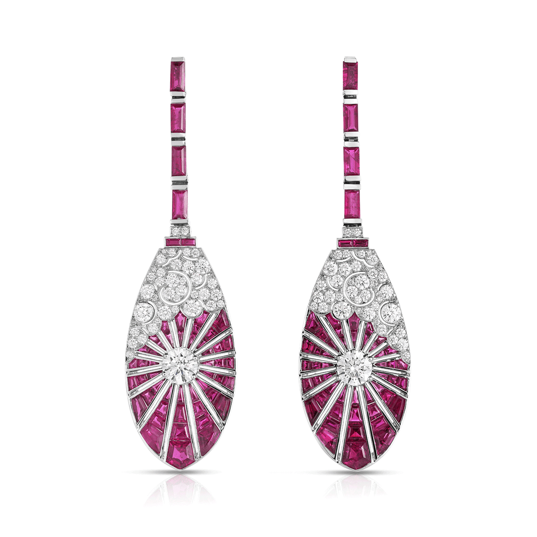 Platinum Ruby 3.50 Total Weight and Diamond Radial Drop Earrings