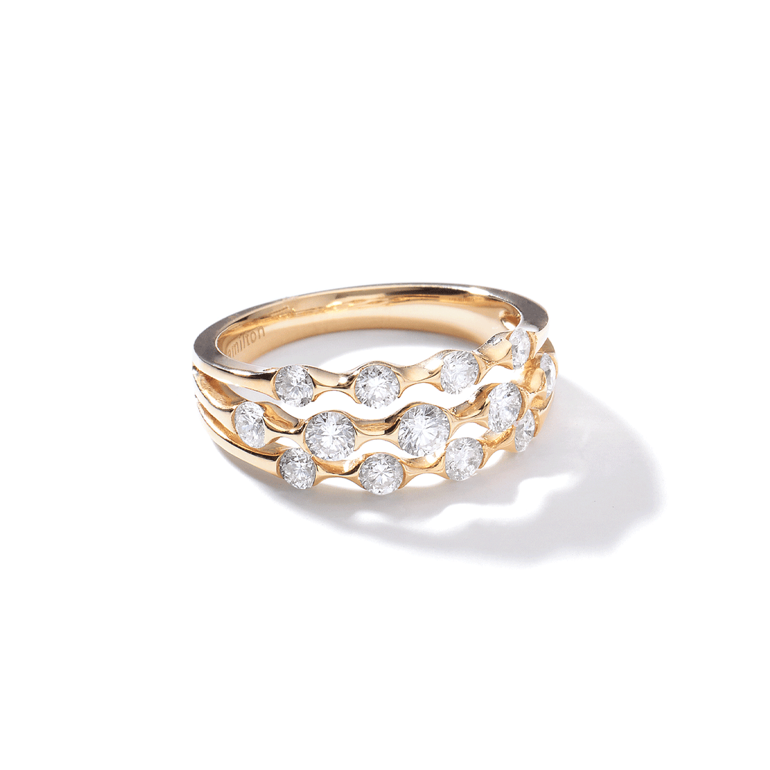 Wave 18k Yellow Gold Three Row 1.00 Total Weight Diamond Ring