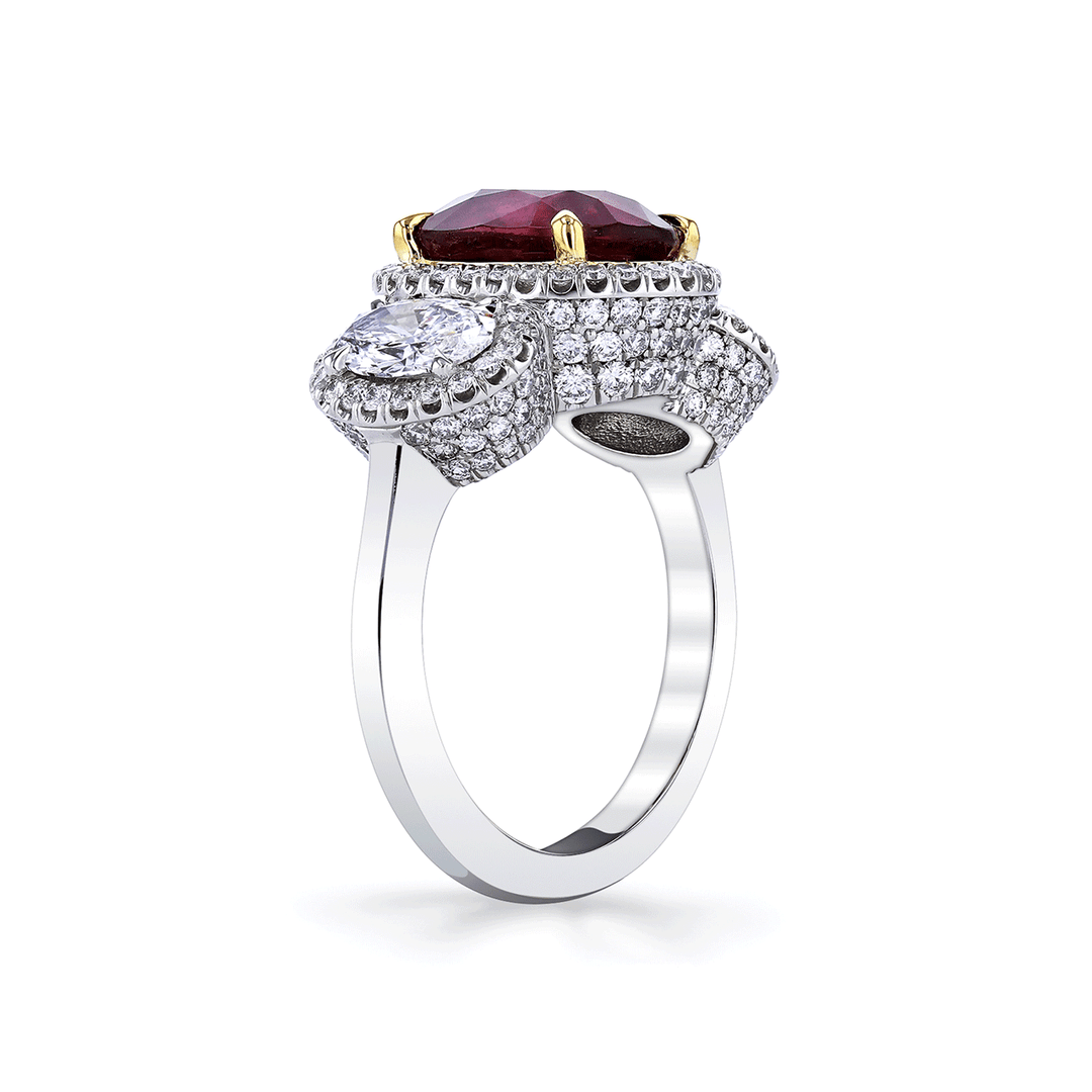 Platinum 18k Yellow Gold and 4.05 Total Weight Ruby Diamond Three Stone Ring