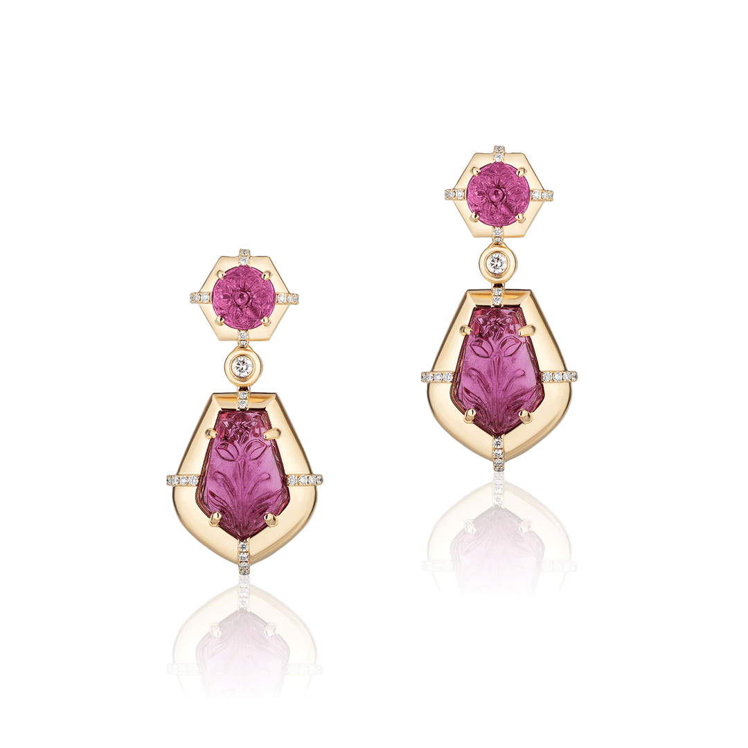 Goshwara G-One 18k Yellow Gold and Rubelite Drop Earrings