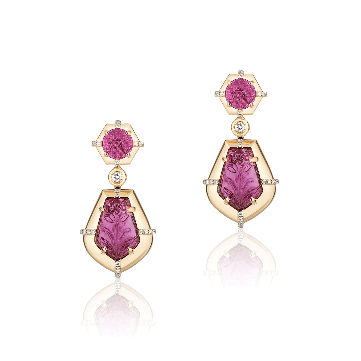 Goshwara G-One 18k Yellow Gold and Rubelite Drop Earrings