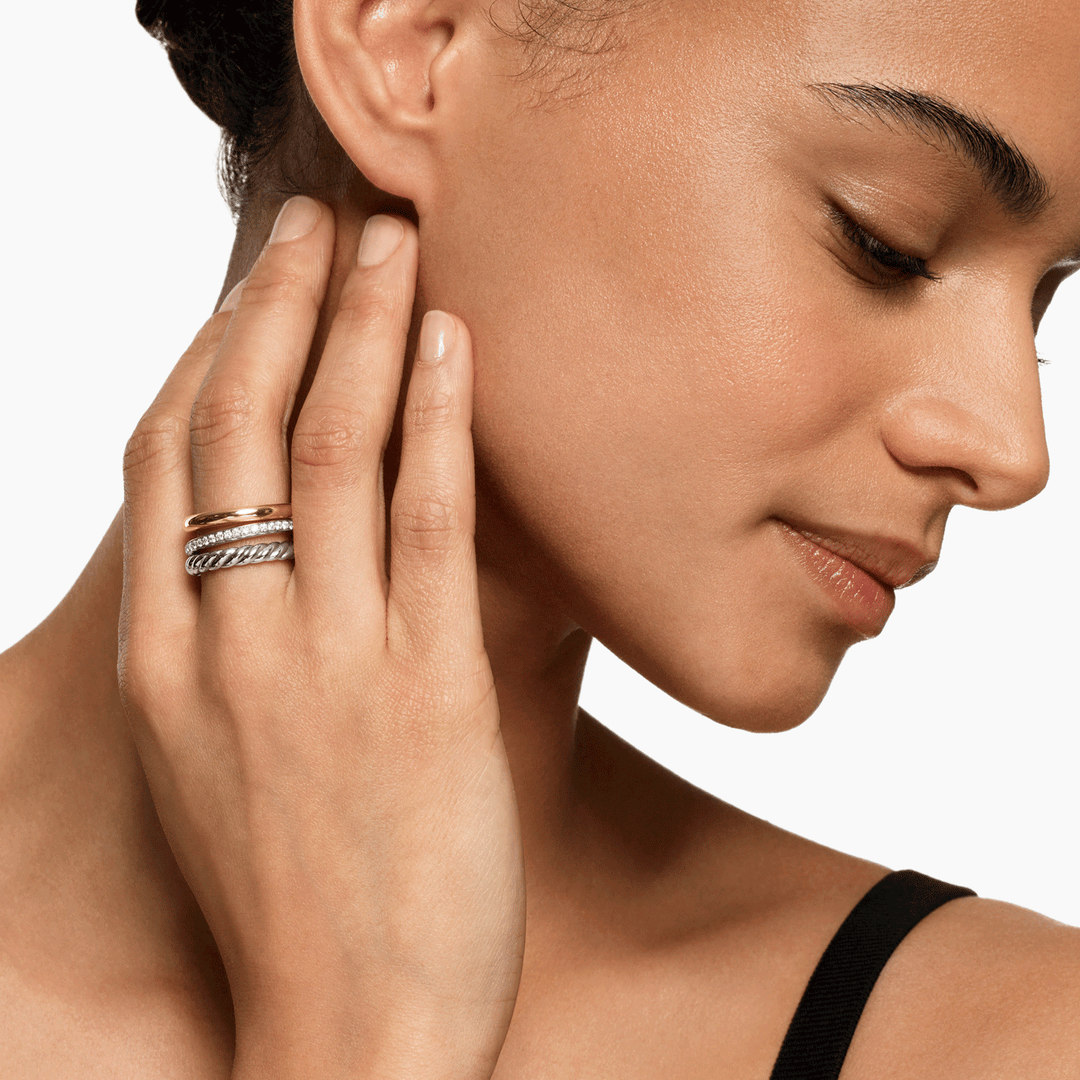 David Yurman Mercer Three Row Ring Sterling Silver with 18k Yellow Gold and Diamonds, 8.9mm