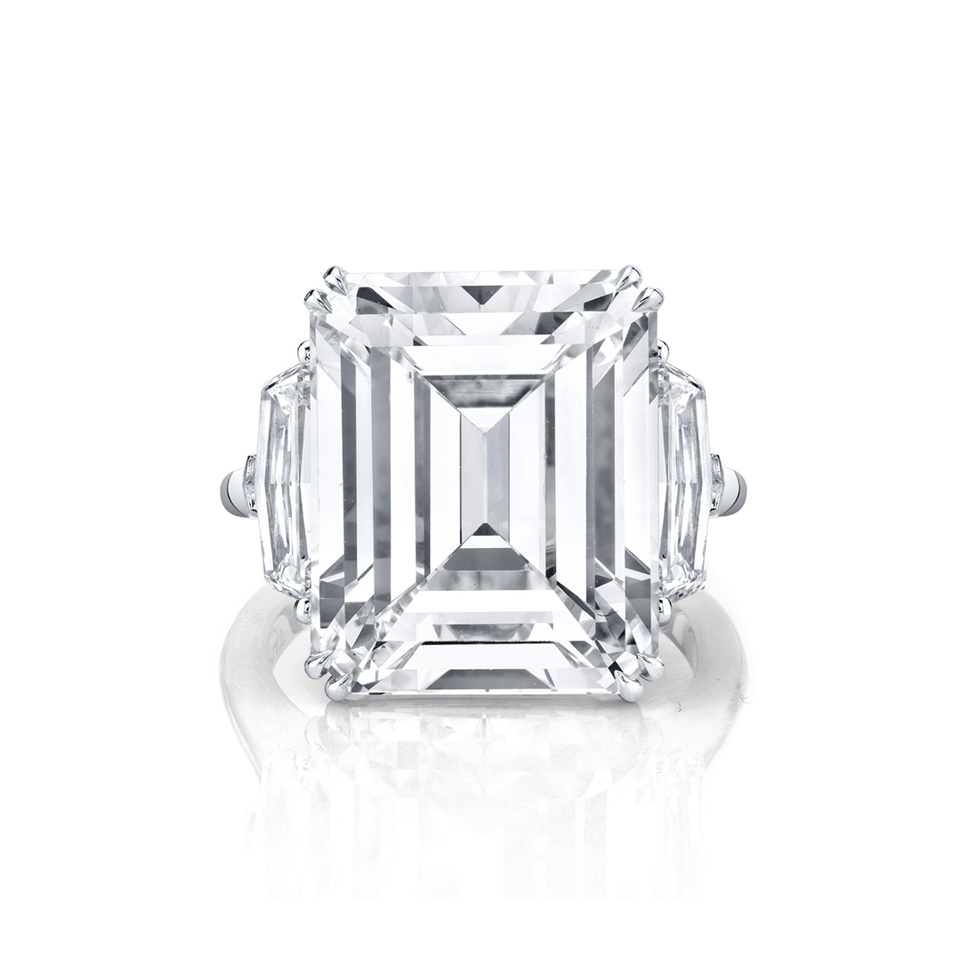 Platinum and 15.49 Total Weight Emerald Cut Diamond Three Stone Ring