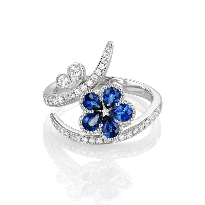 18k Floral Sapphire 1.00 Total Weight and Diamond Ring