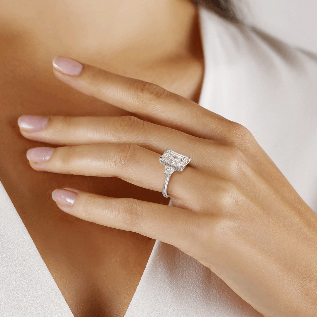 Hamilton Origin Platinum and 8.06 Total Weight Emerald Cut Diamond Three Stone Engagement Ring