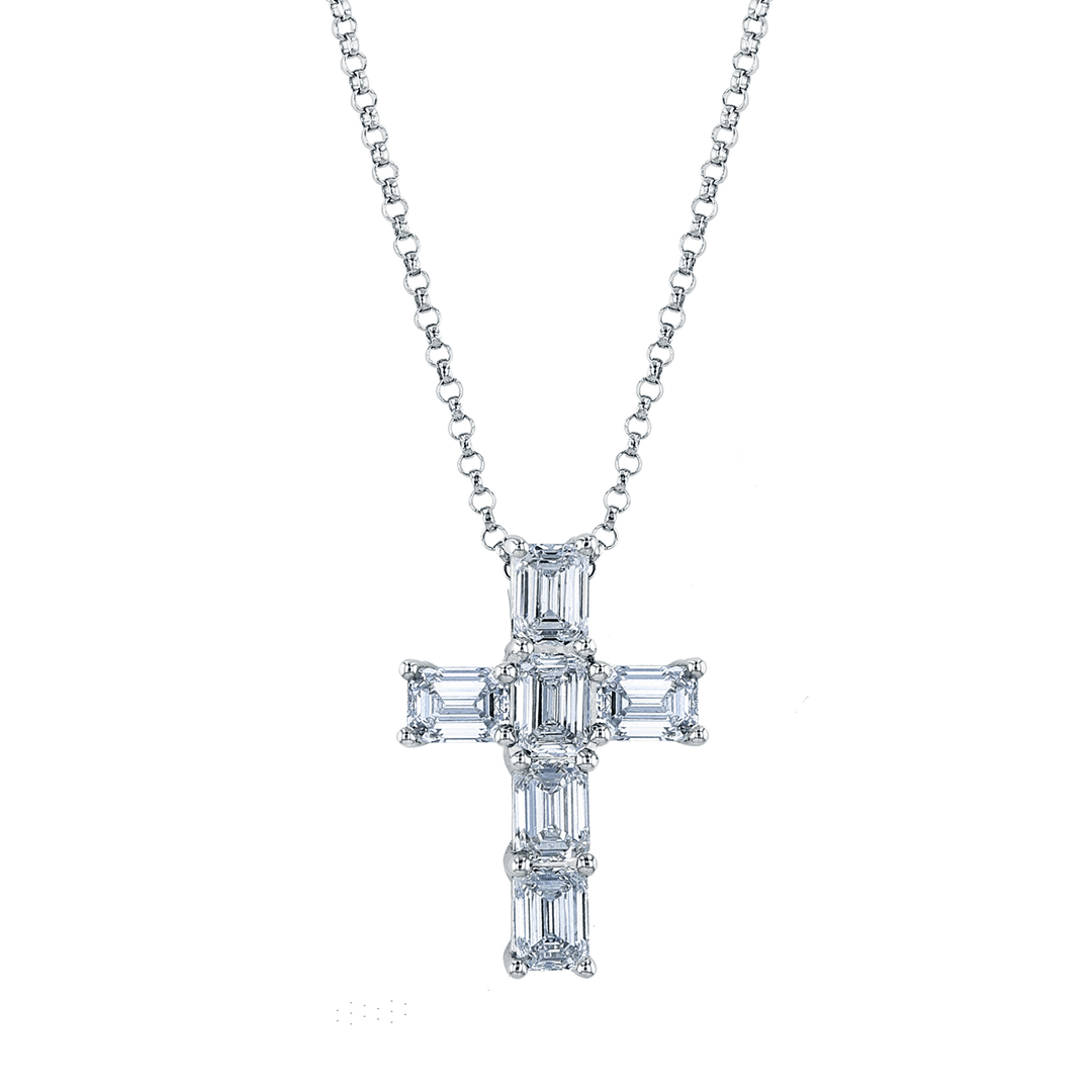 Platinum and Emerald Cut Diamond 1.33 Total Weight Cross Pendant