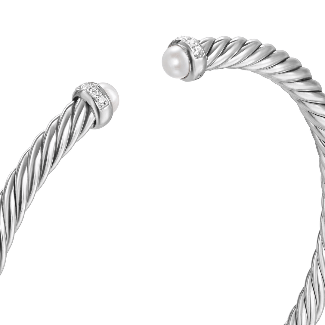 David Yurman Cablespira Flex Bracelet Sterling Silver with Pearls and Diamonds, 4mm