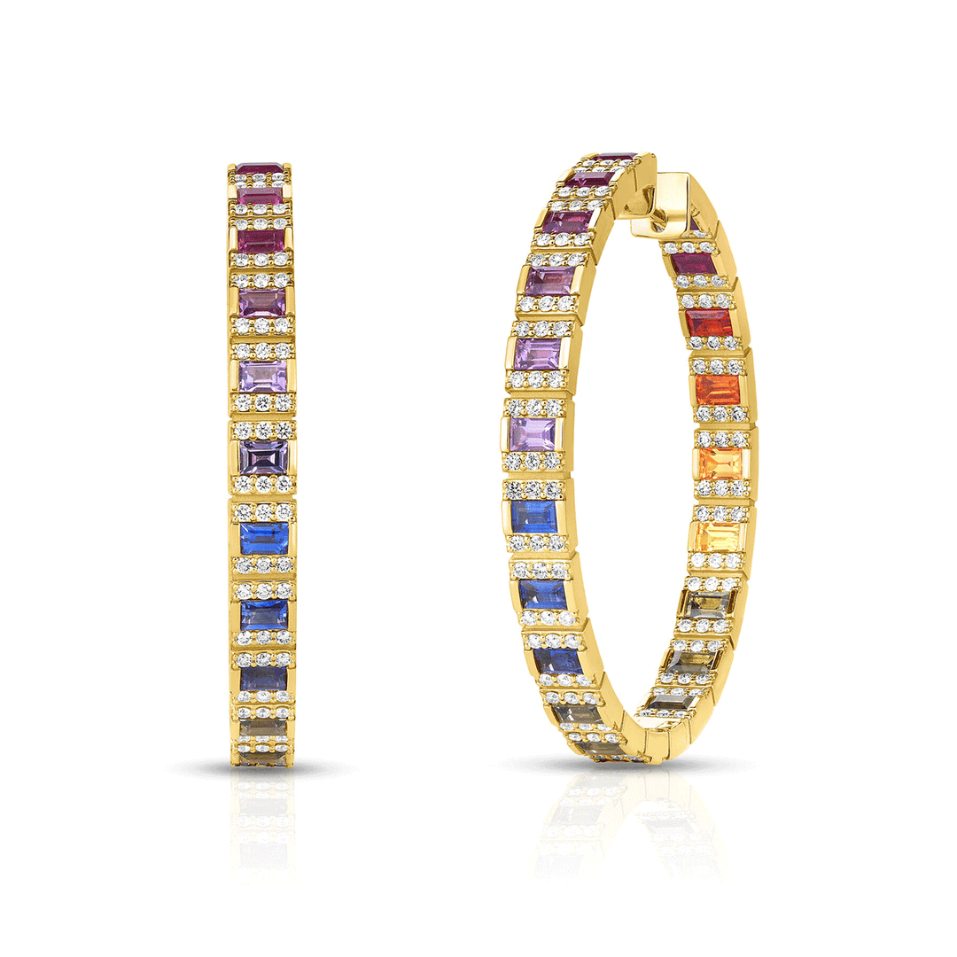 Roberto Coin Obelisco Pave Diamond and Mixed Sapphire Hoop Earrings