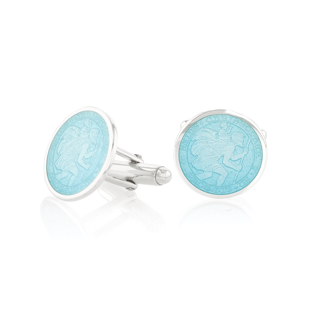 Sterling Silver and Light Blue Enamel St. Christopher Cufflinks