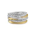 David Yurman Crossover Five Row Ring Sterling Silver with 18k Yellow Gold and Diamonds, 11mm