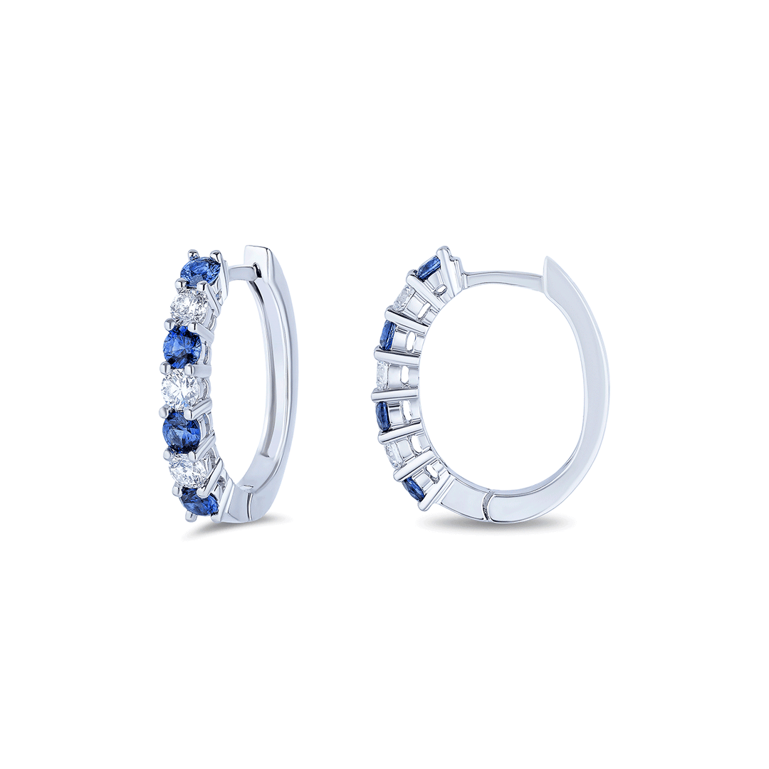 18k White Gold and Sapphire .84 Total Weight and Diamond Huggie Earrings