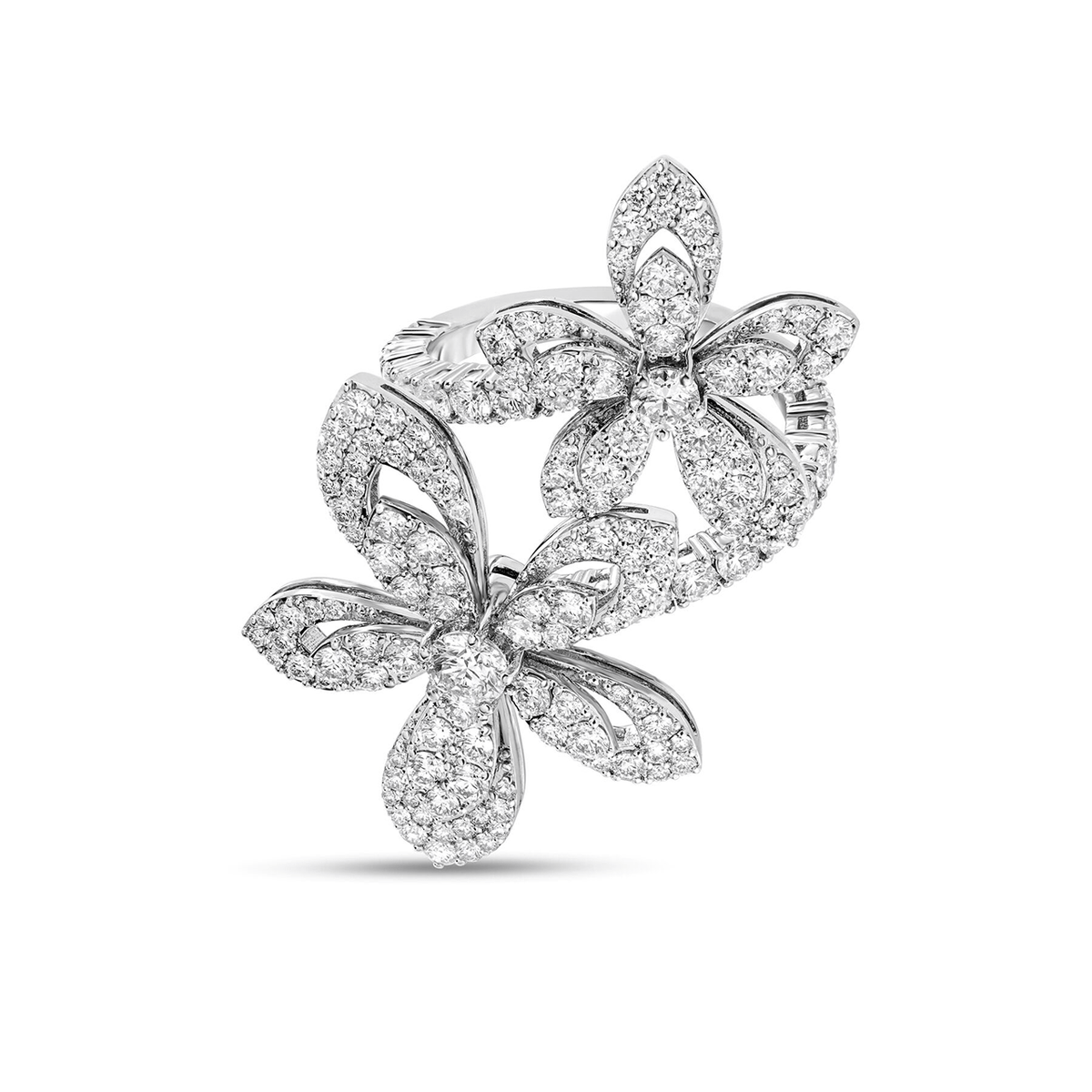 Roberto Coin Tiare 18k White Gold and Pave Diamond Flowers Bypass Ring