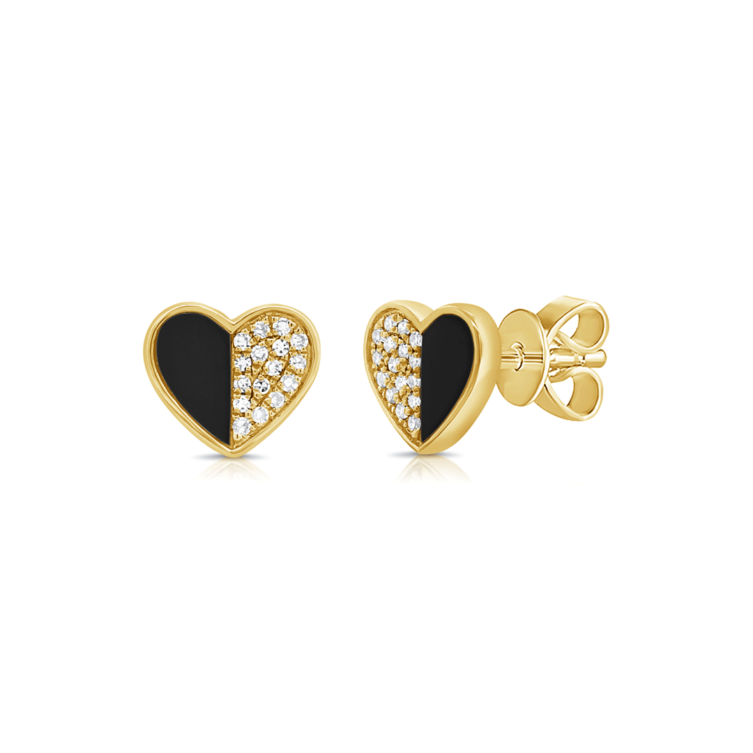 14k Gold Hearts with Diamond .11 Total Weight and Black Onyx Studs