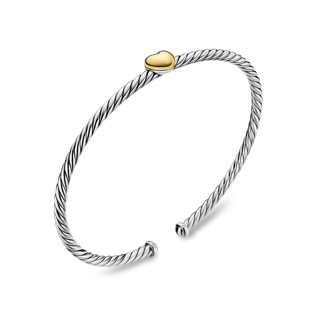 David Yurman Micro Cable Flex® Heart Station Bracelet Sterling Silver with 14K Yellow Gold, 2.6mm Med