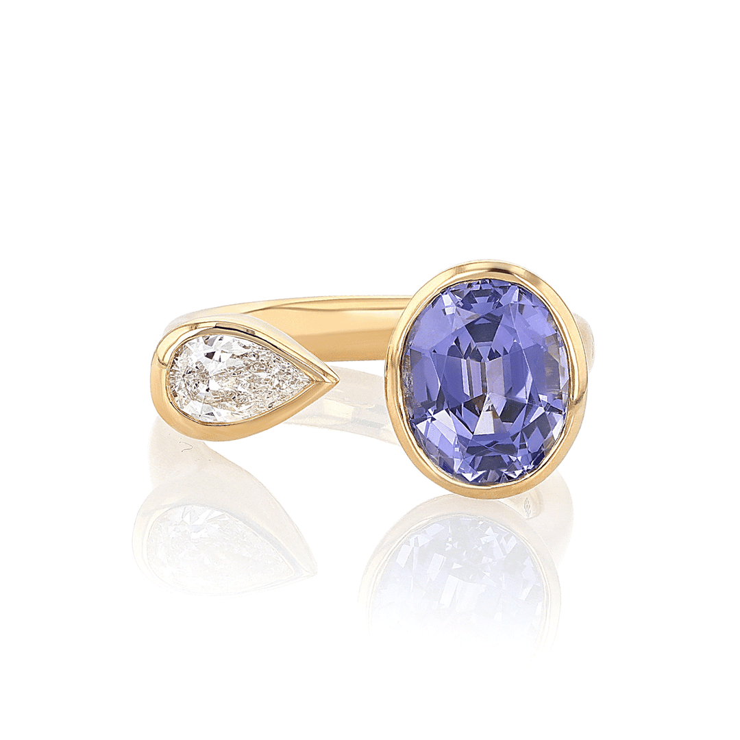 18k Yellow Gold and 3.34 Total Weight Tanzanite Diamond Two Stone Ring