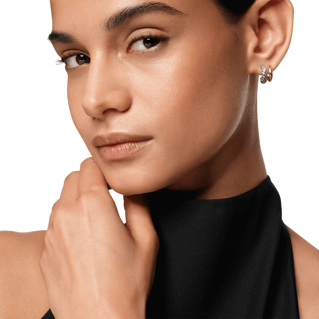 David Yurman Mercer Double Hoop Huggie Earrings Sterling Silver with 18k Yellow Gold, 13.5mm
