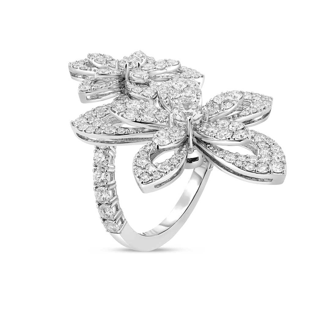 Roberto Coin Tiare 18k White Gold and Pave Diamond Flowers Bypass Ring
