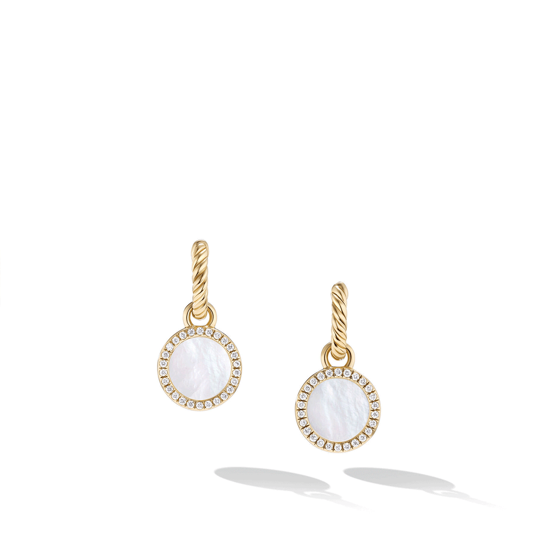 David Yurman Petite DY Elements Drop Earrings 18K Yellow Gold with Mother of Pearl and Diamonds, 22.6mm