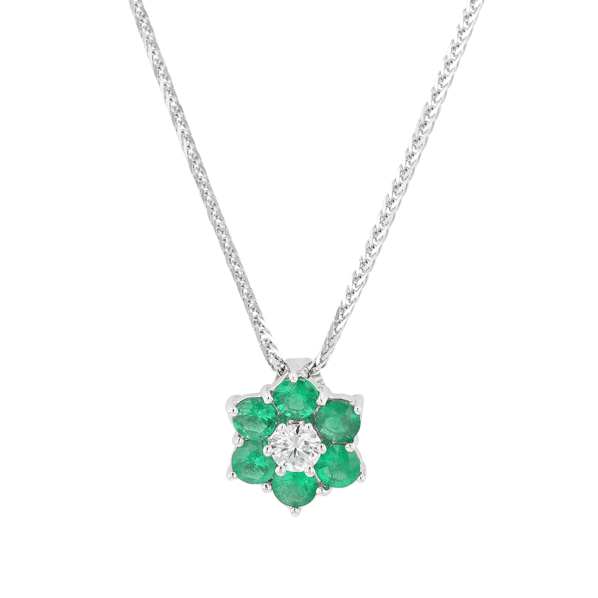 18k White Gold Emerald .63 Total Weight and Diamond Pendant