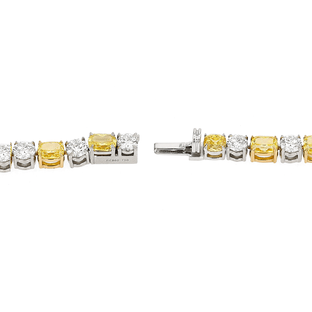 Platinum 18k Gold and Fancy Yellow Cushion Cut 21.86 Total Weight Necklace
