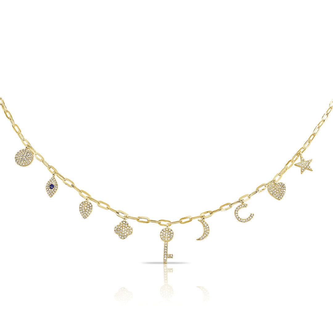 14k Yellow Gold and Diamond .44 Total Weight Mix Charm Necklace