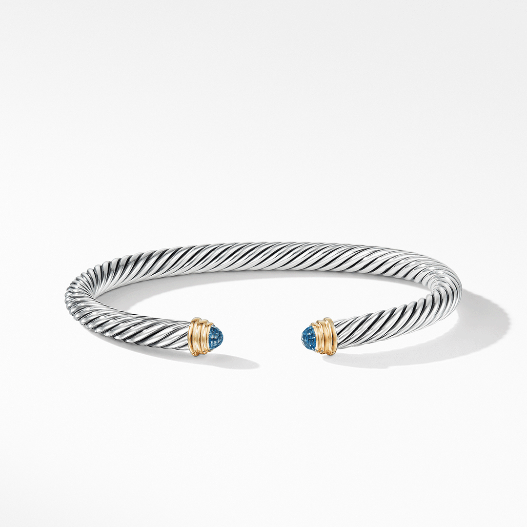 David Yurman Classic Cable Bracelet Sterling Silver with 14k Yellow Gold and Blue Topaz, 5mm