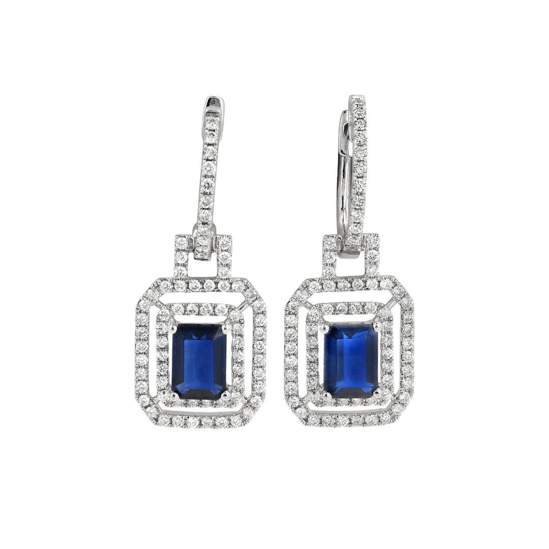 18k Gold and Sapphires With 2.03 Total Weight and Diamonds Halo Earrings