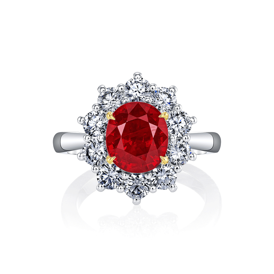 Platinum 18k Yellow Gold and 3.02 Total Weight Oval Ruby Diamond Halo Ring