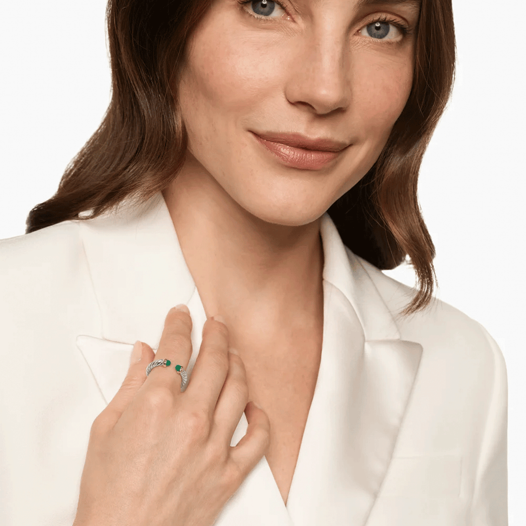 David Yurman Petite Cable Open Ring Sterling Silver with 14K Yellow Gold and Green Onyx, 3.4mm
