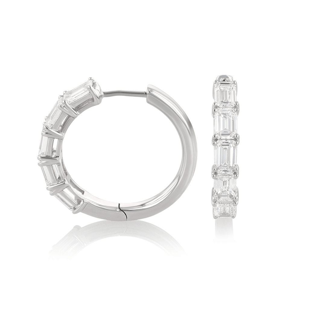 18k White Gold and 2.47 Total Weight Emerald Cut Diamond Hoops