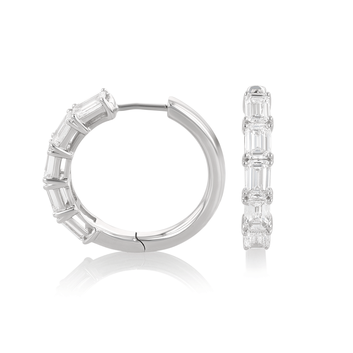 18k White Gold and 2.47 Total Weight Emerald Cut Diamond Hoops