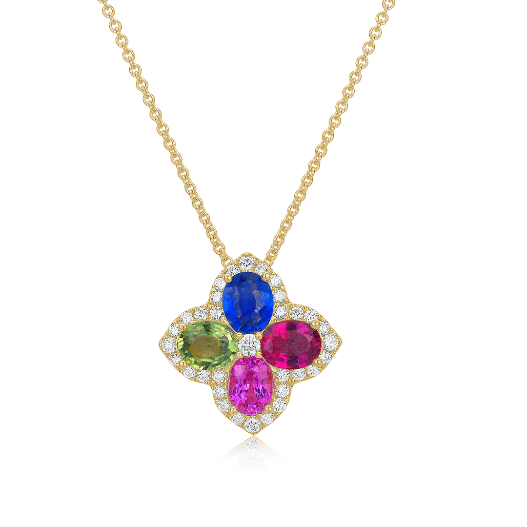 Charles Krypell 18k Yellow Gold and 1.98 Total Weight Multi Color Sapphire Diamond Clover Pendant