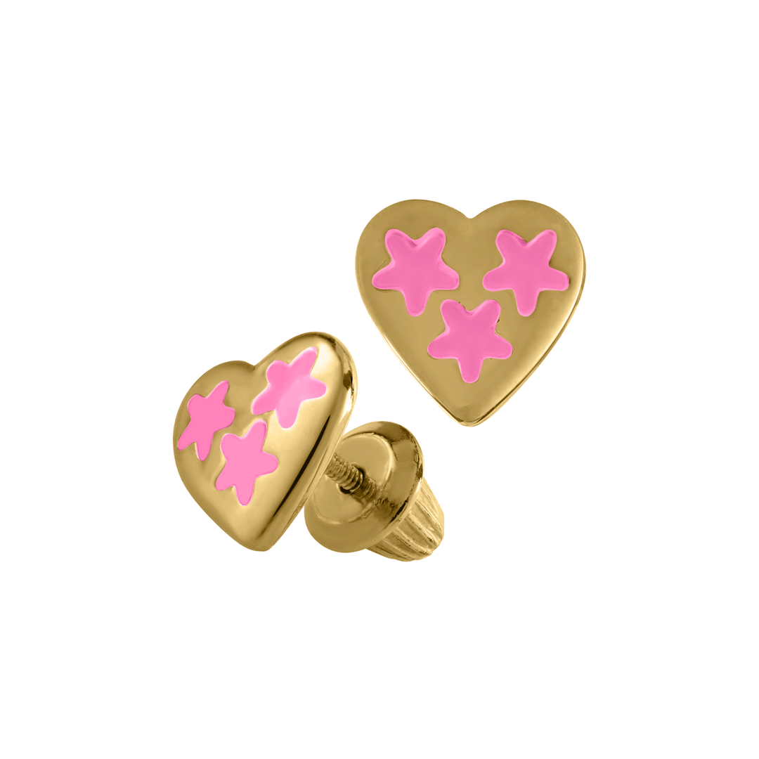 Children's 14k Yellow Gold and Pink Enamel Heart Earrings