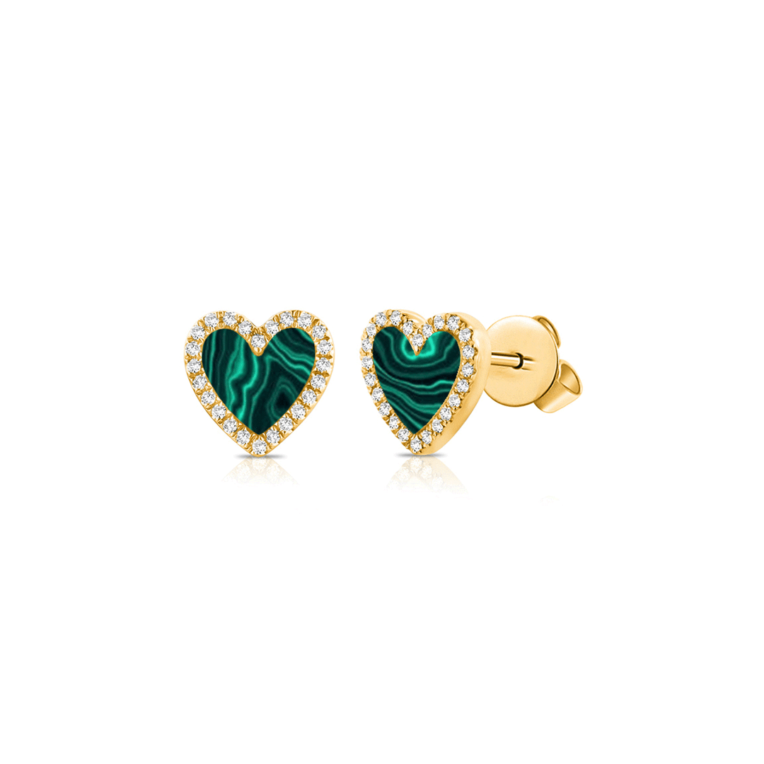 14k Yellow Gold and Malachite Mini Heart With .11 Total Weight Diamond Studs