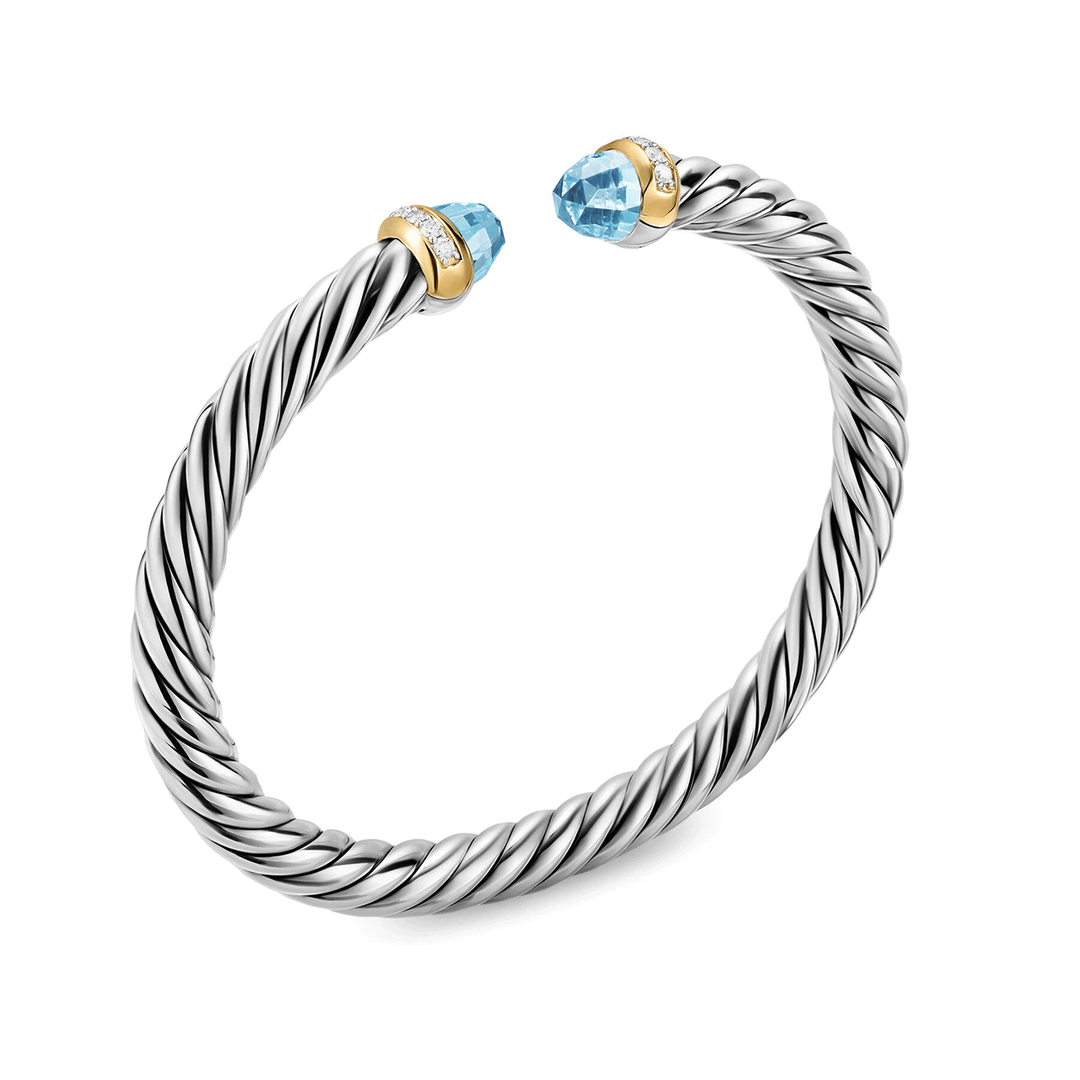 David Yurman Sterling Silver with 14K Yellow Gold, Sky Blue Topaz and Diamonds, 6mm Cable Flex® Bracelet