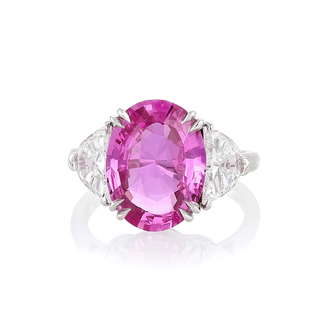 Platinum Oval Purple-Pink Sapphire 5.82 Total Weight and Diamond Ring
