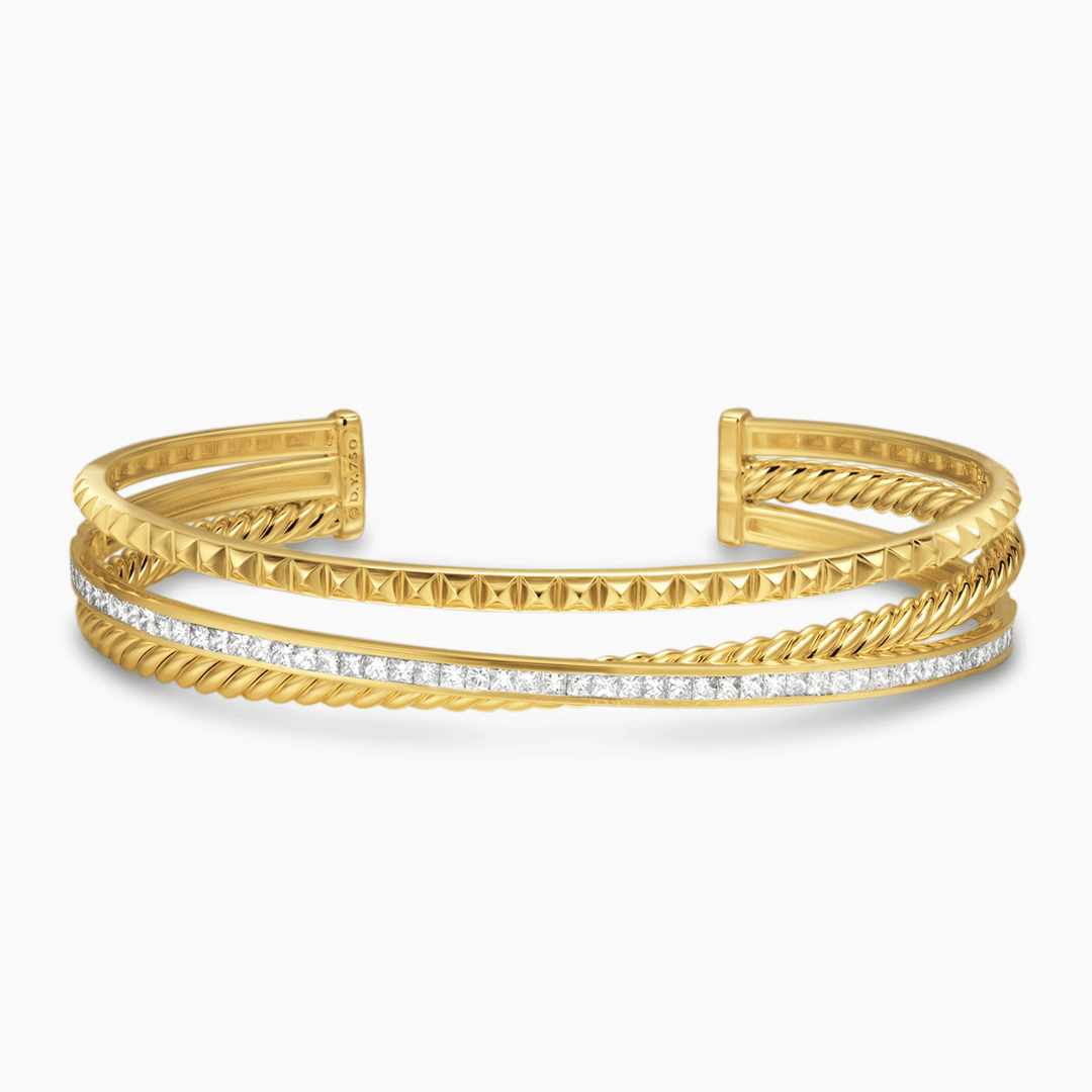 David Yurman Crossover Trio Three Row Cuff Bracelet 18k Yellow Gold with Diamonds, 11mm