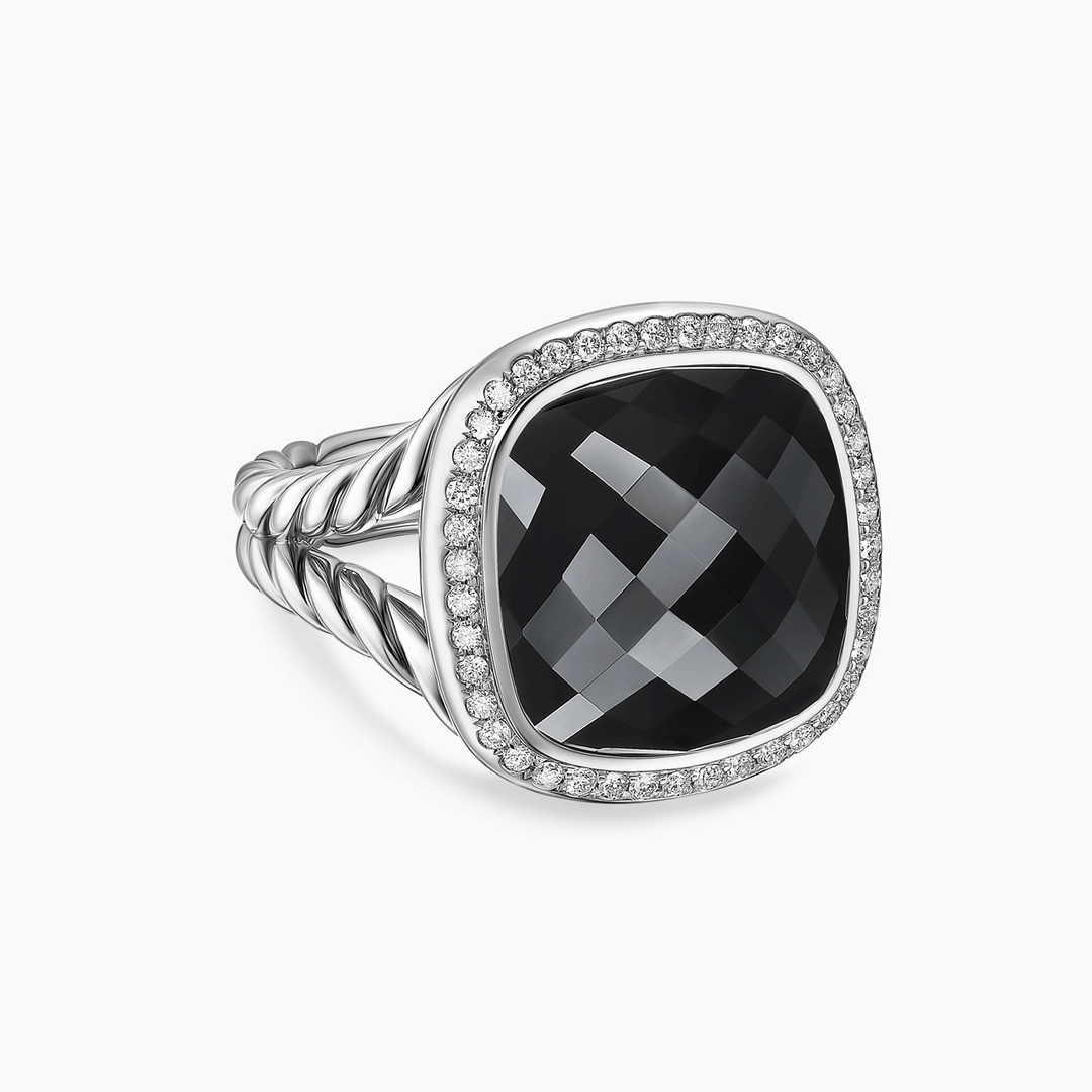 David Yurman Albion Ring Sterling Silver with Black Onyx and Diamonds, 15mm