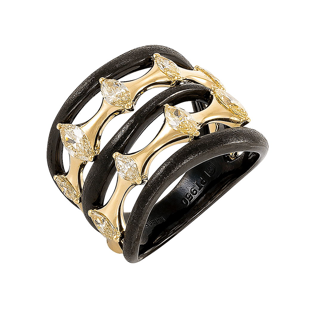 Etho Maria Platinum 18k Yellow Gold and Yellow Diamond Multi Row Ring