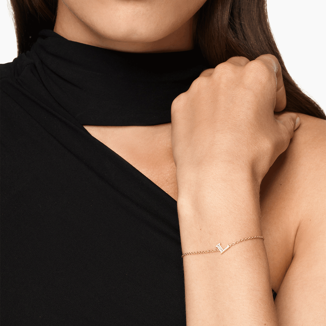 David Yurman Petite Pavé Initial Chain Bracelet 18k Yellow Gold with Diamond L