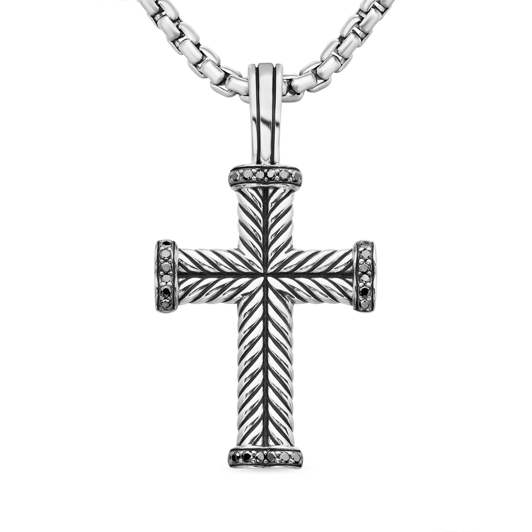 David Yurman Chevron Cross Pendant Sterling Silver with Black Diamonds, 33mm