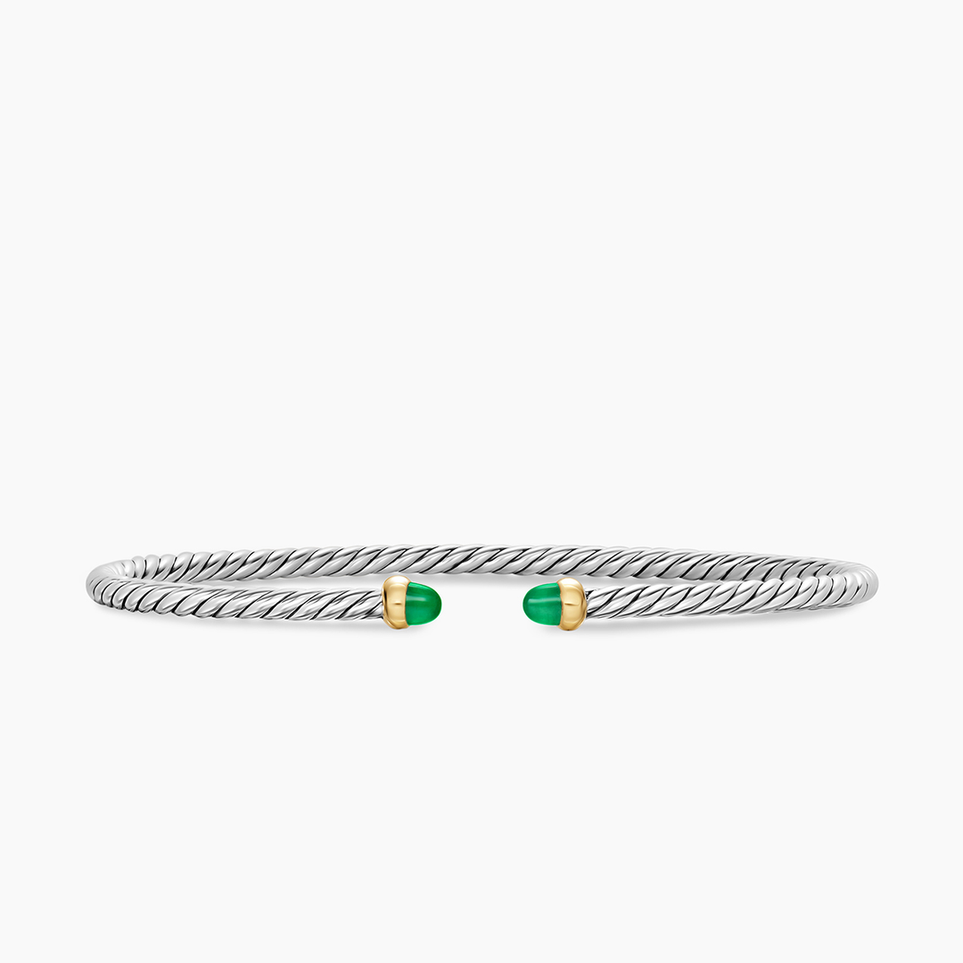 David Yurman Micro Cable Flex Bracelet Sterling Silver with 14k Yellow Gold and Emeralds, 2.6mm