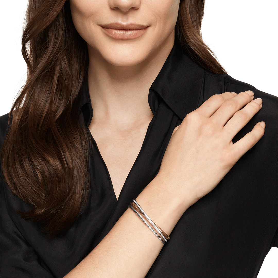 David Yurman Crossover Three Row Bracelet Sterling Silver with 18k Yellow Gold and Diamonds, 11mm
