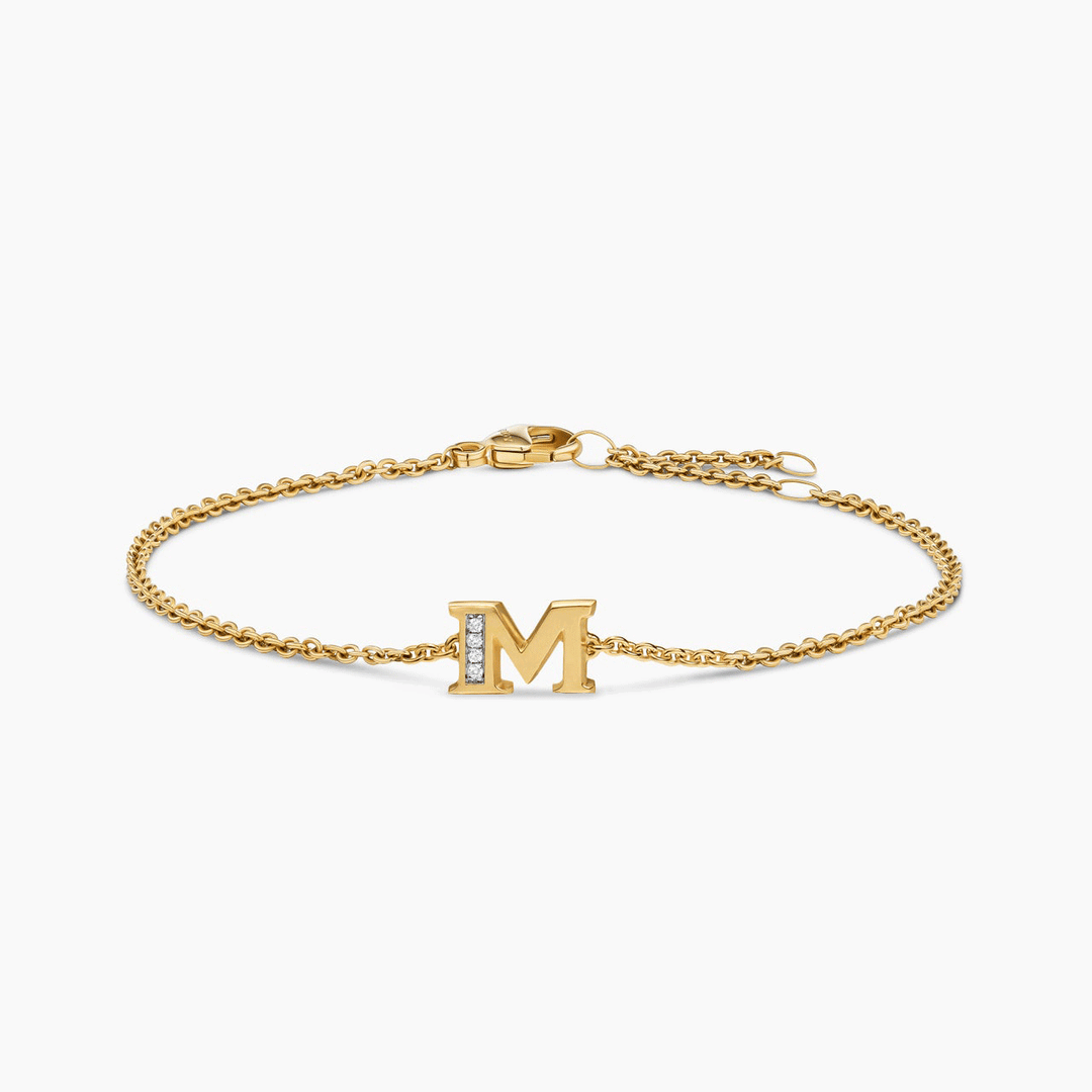 David Yurman Petite Pavé Initial Chain Bracelet 18k Yellow Gold with Diamond M