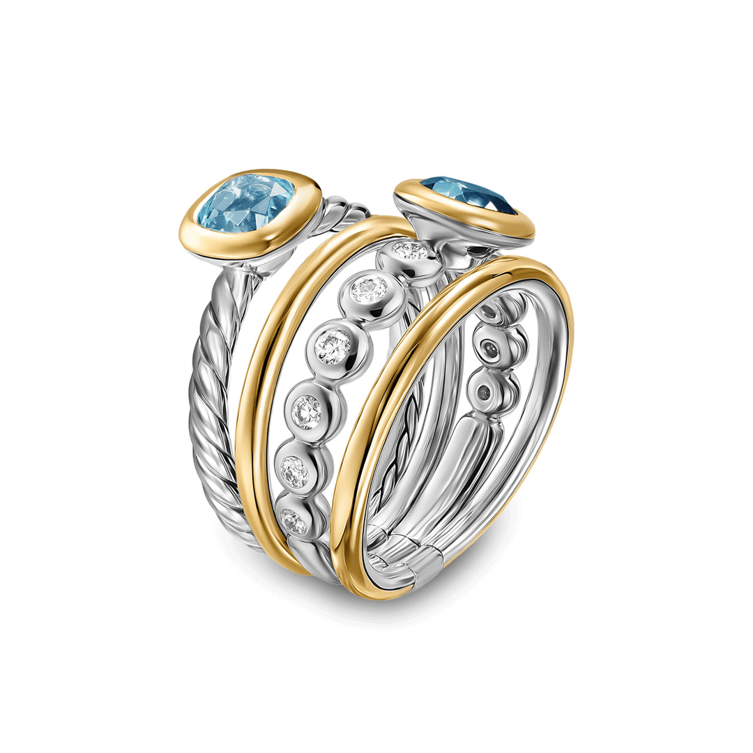 David Yurman DY Mercer® Color Stone Multi Row Ring Sterling Silver with 18K Yellow Gold, Blue Topaz and Diamonds, 10mm