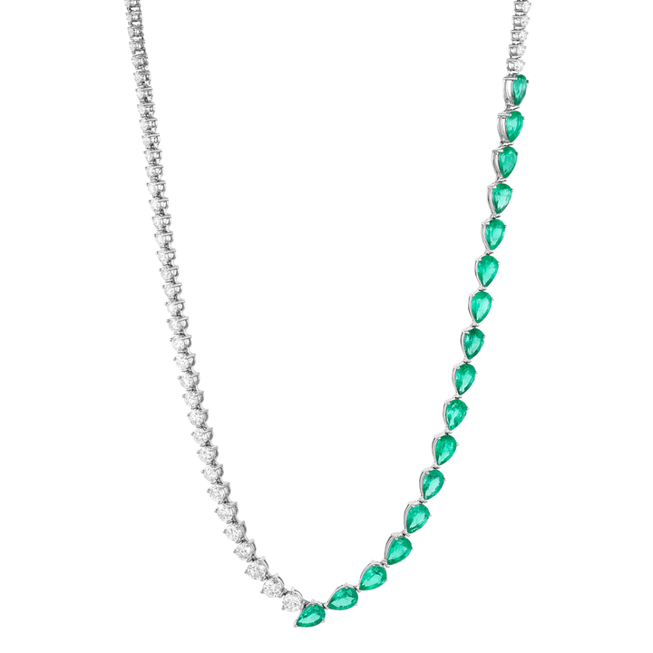 18k White Gold Pear Shape Emerald and Diamond Necklace