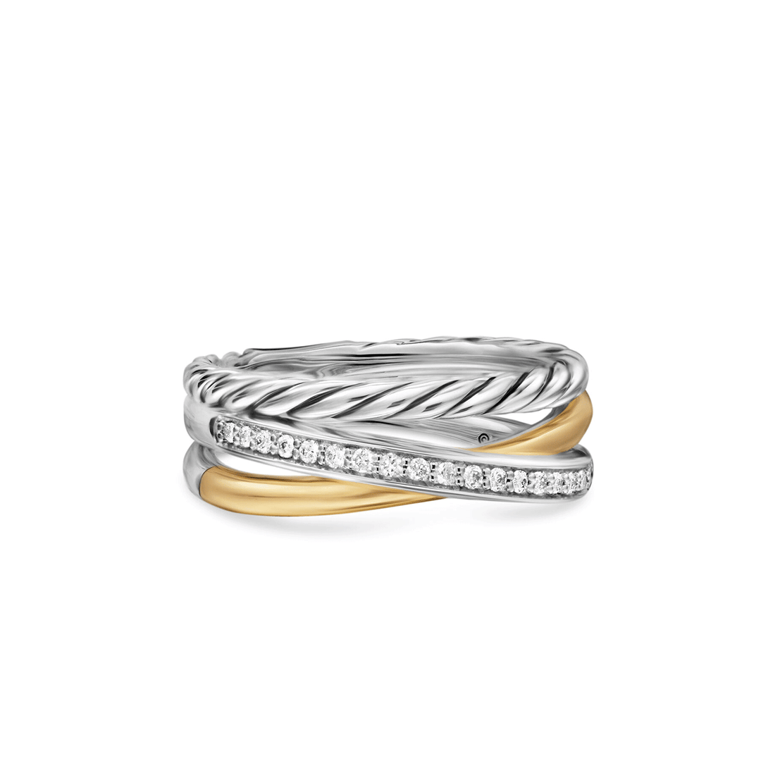 David Yurman Crossover Three Row Ring Sterling Silver with 18K Yellow Gold and Diamonds, 7mm