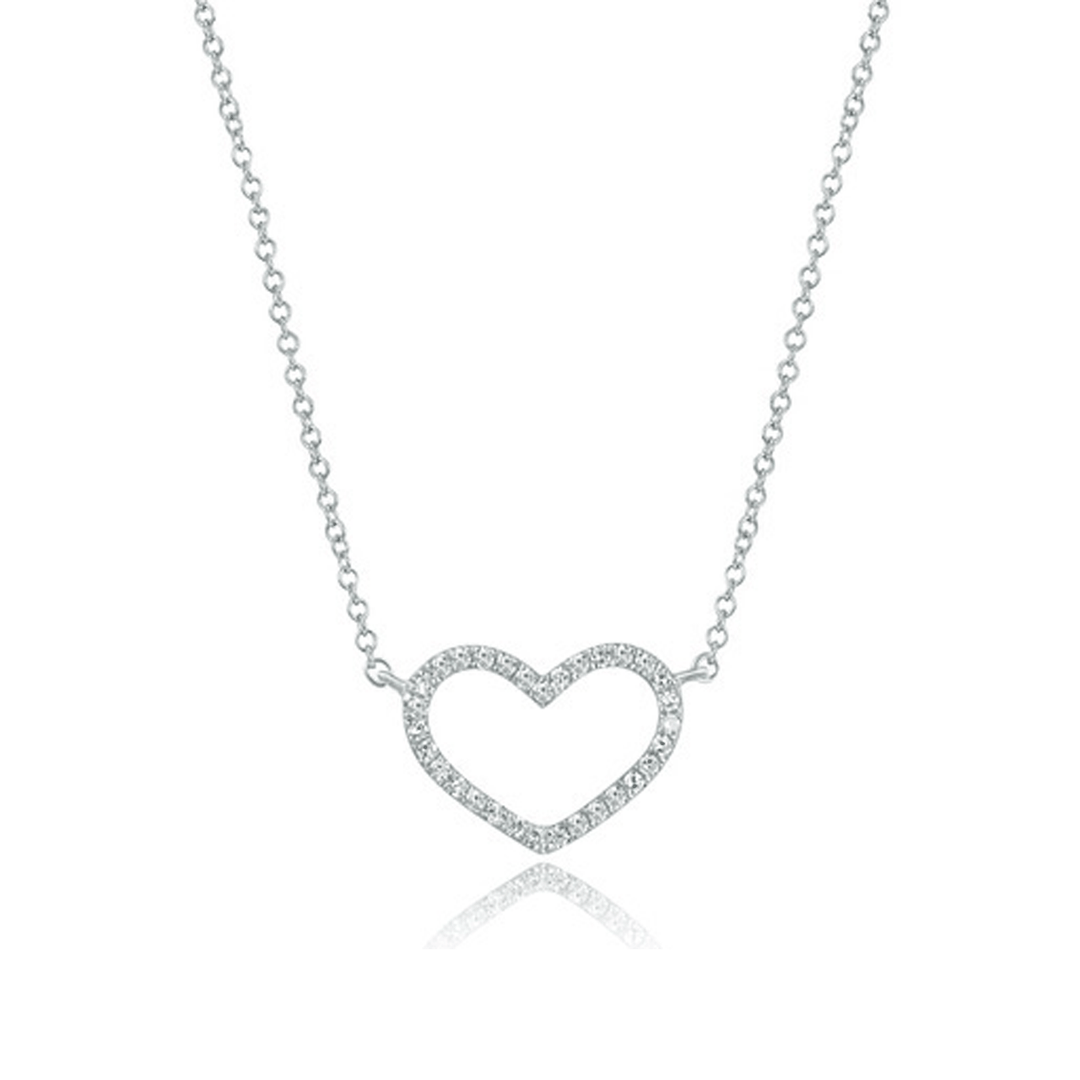 14k White Gold Petite Heart and Diamond .09 Total Weight Necklace