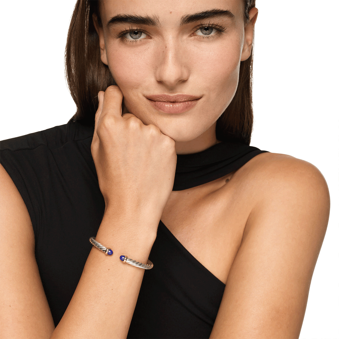 David Yurman Cable Flex® Bracelet Sterling Silver with 14K Yellow Gold and Lapis, 6mm Medium