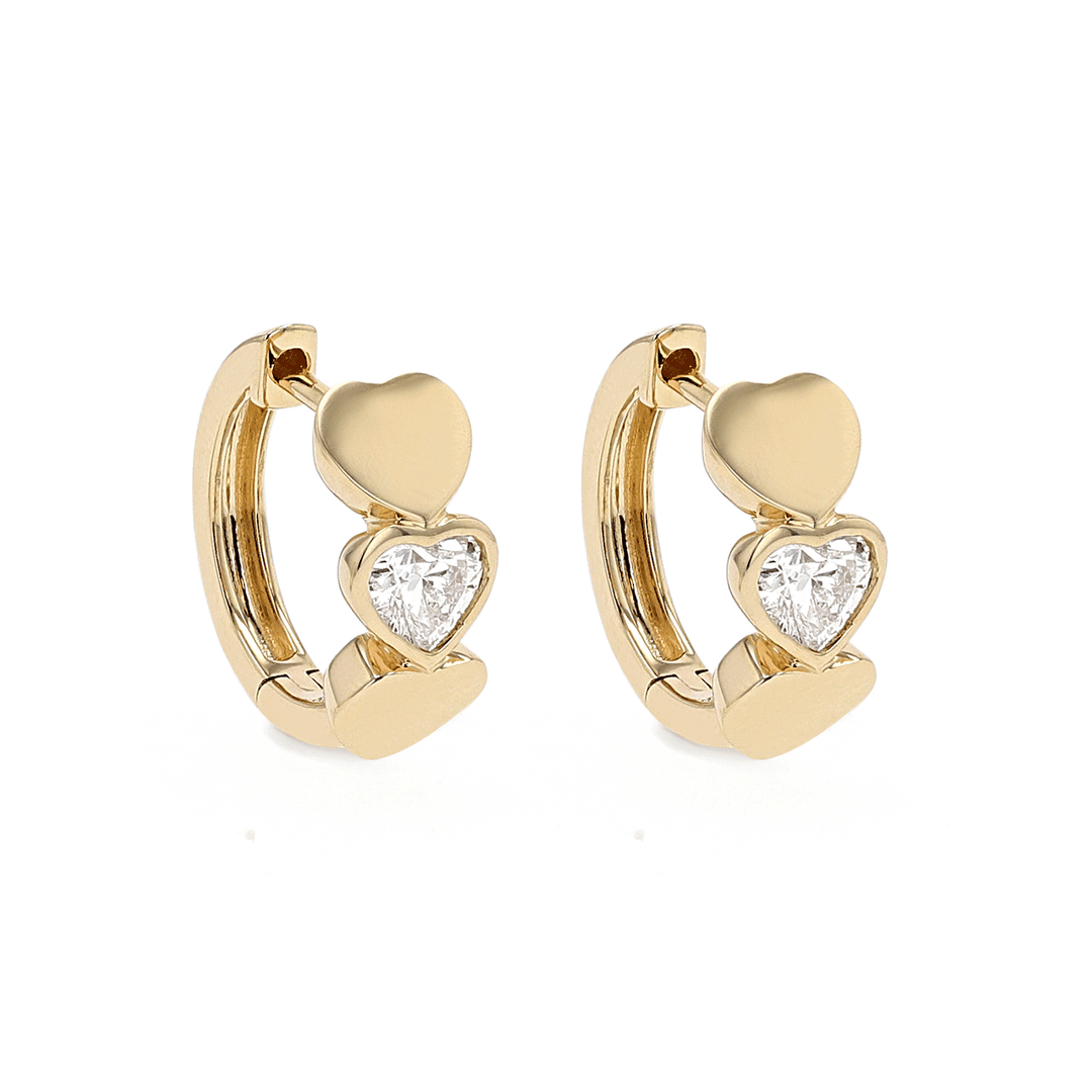 14k Yellow Gold and Heart Shape Diamond .59 Total Weight Hoops